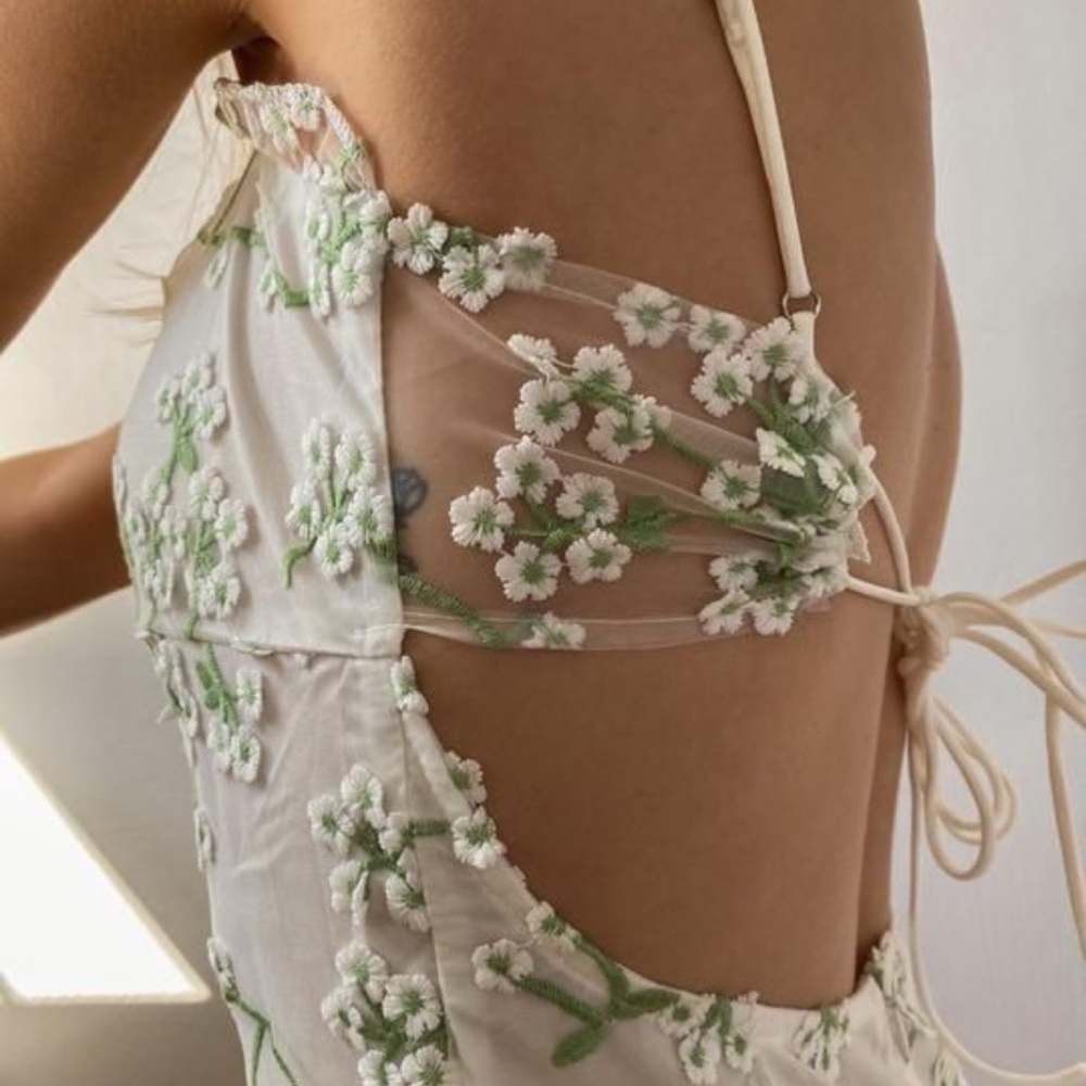 12th Tribe White Mini Dress with Green Floral Embroidery